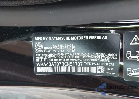 2024 BMW 4 Series 430I xDrive из США, поврежденный, VIN WBA43AT07RCN51707